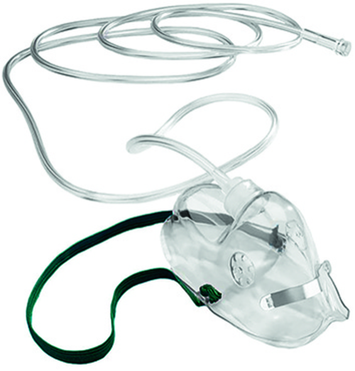 Photographie d'un masque à oxygène simple avec sa tubulure et son élastique de fixation