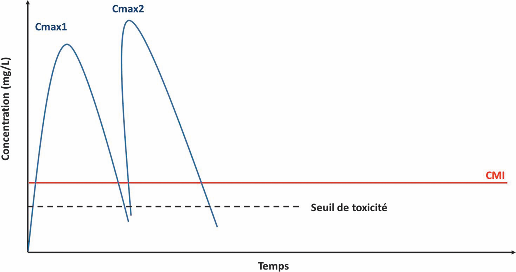 C Concentration d’antibiotique en fonction du temps. Exemple de figure que l’on obtiendrait pour un antibiotique bactéricide concentration-dépendant