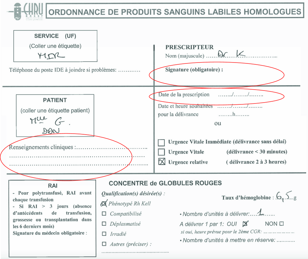 Ordonnance de produits sanguins labiles homologues remplie, avec quatre zones entourées en rouge