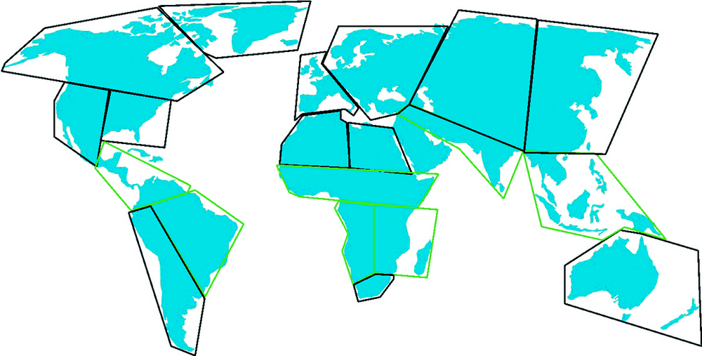 Planisphère découpé en zones géographiques délimitées par des contours noirs et verts